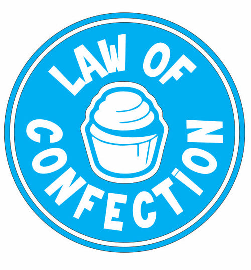 Circular logo with 'Law of Confection' text and a cupcake icon on a white background